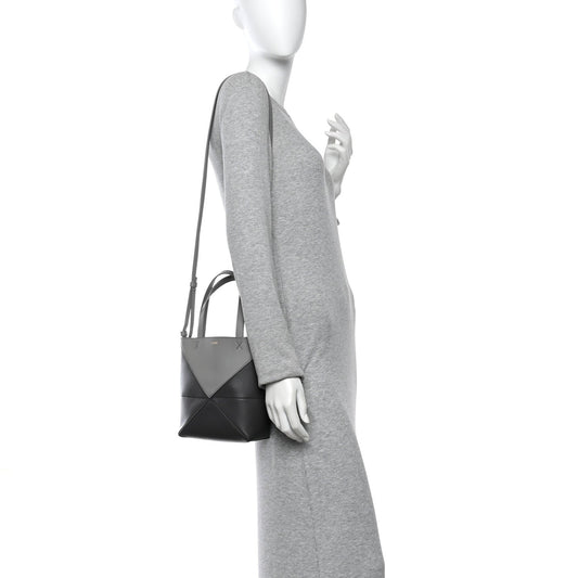 Shiny Calfskin Mini Puzzle Fold Tote Pearl Grey Dark Grey