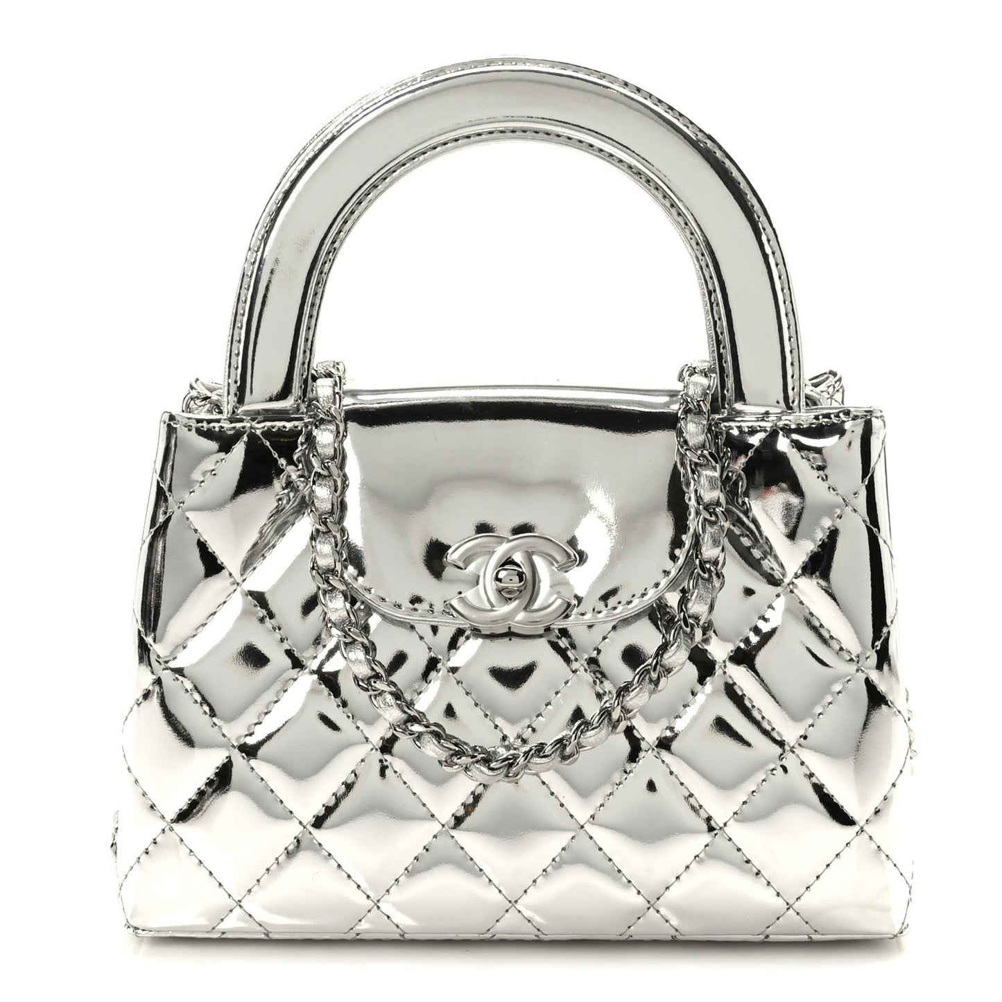 Mirror Calfskin Metallic Calfskin Quilted Nano Kelly Shopper Silvery