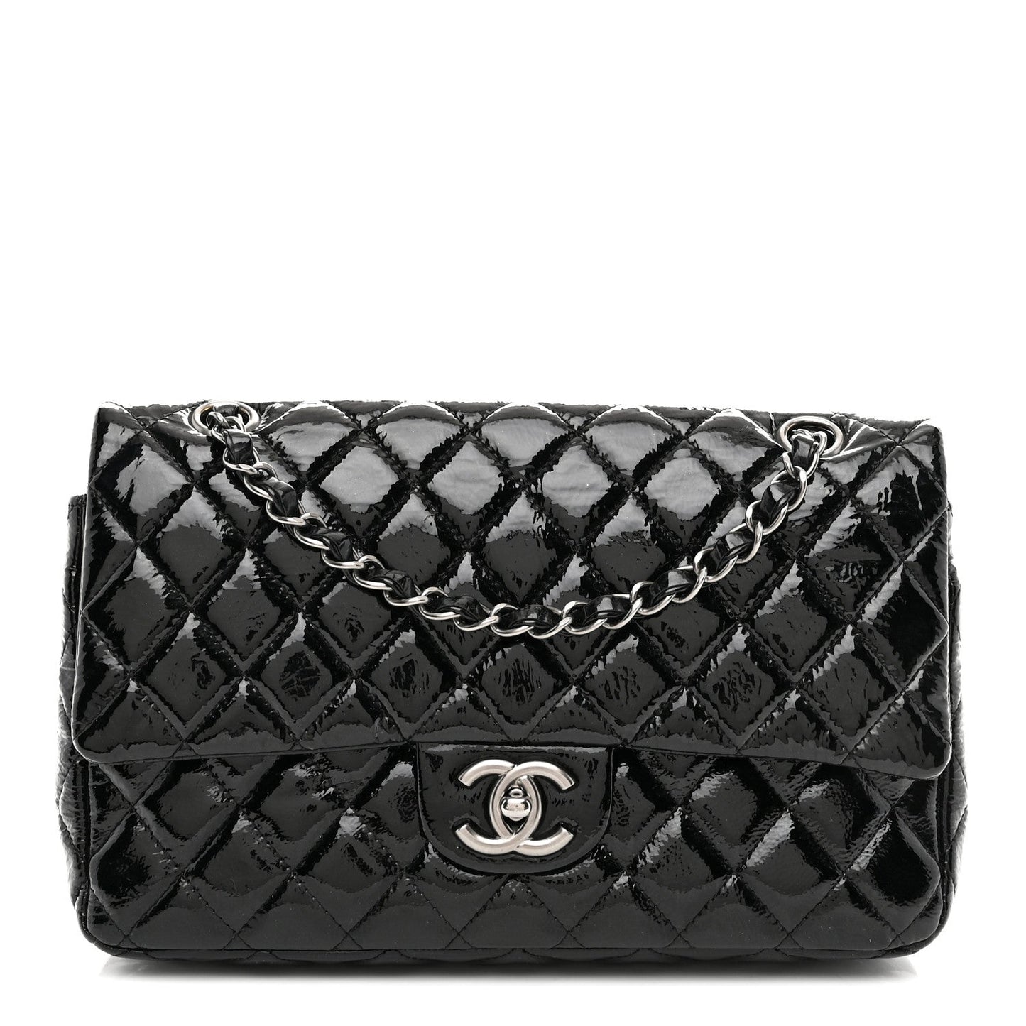 Distressed Patent Quilted Medium Double Flap Black