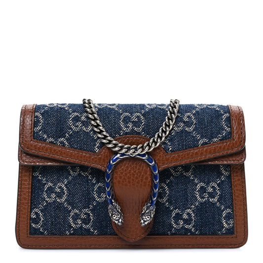 New Denim GG Monogram Dollar Calfskin Enamel Super Mini Dionysus Shoulder Bag Blue Tea Cuir Epilog Electric Blue