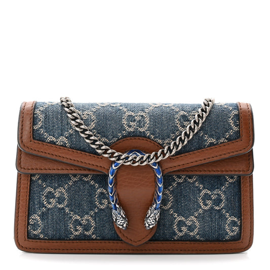 New Denim GG Monogram Dollar Calfskin Enamel Super Mini Dionysus Shoulder Bag Blue Tea Cuir Epilog Electric Blue