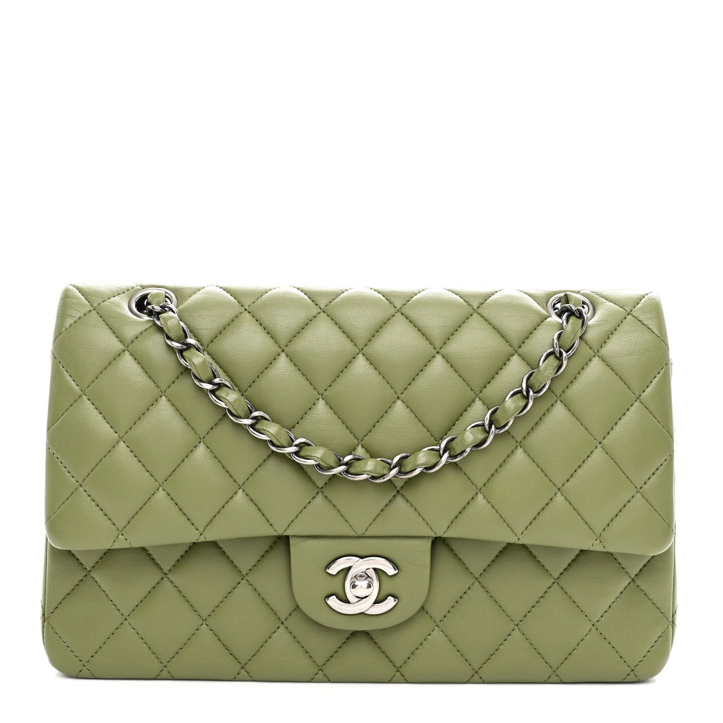 Lambskin Quilted Medium Double Flap Green